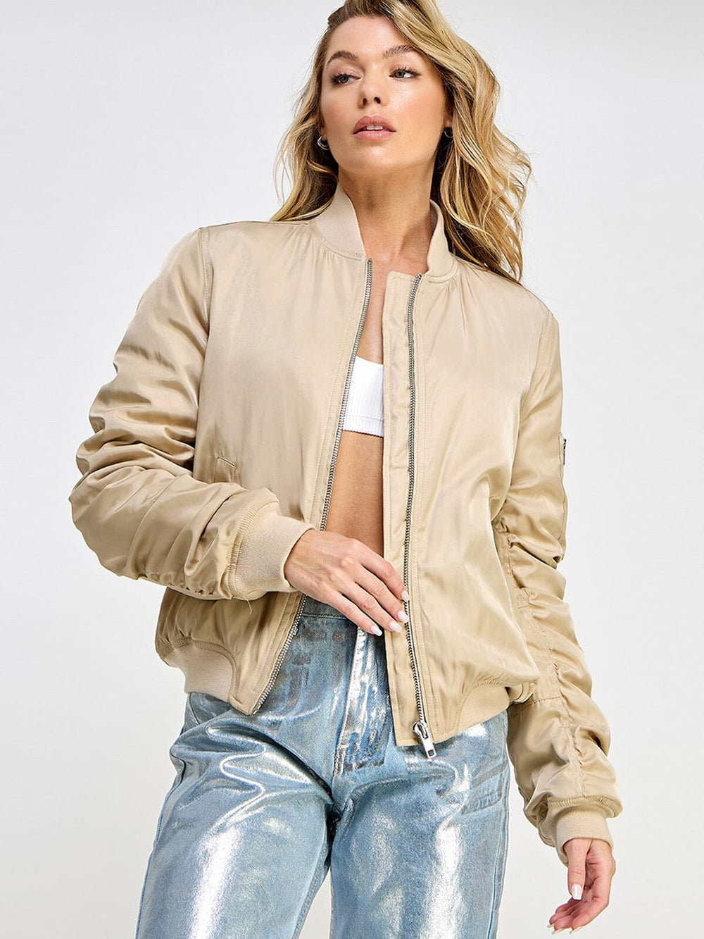 WOMEN'S LONG RUCHED SLEEVE ZIP UP POCKETS BOMBER JACKET