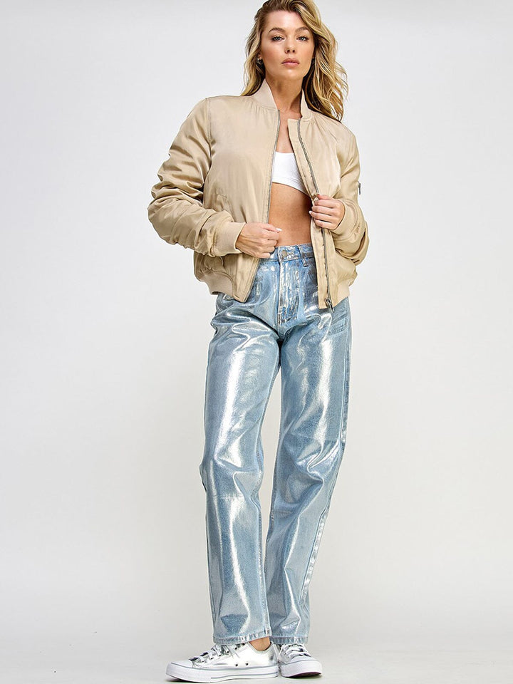 WOMEN'S LONG RUCHED SLEEVE ZIP UP POCKETS BOMBER JACKET