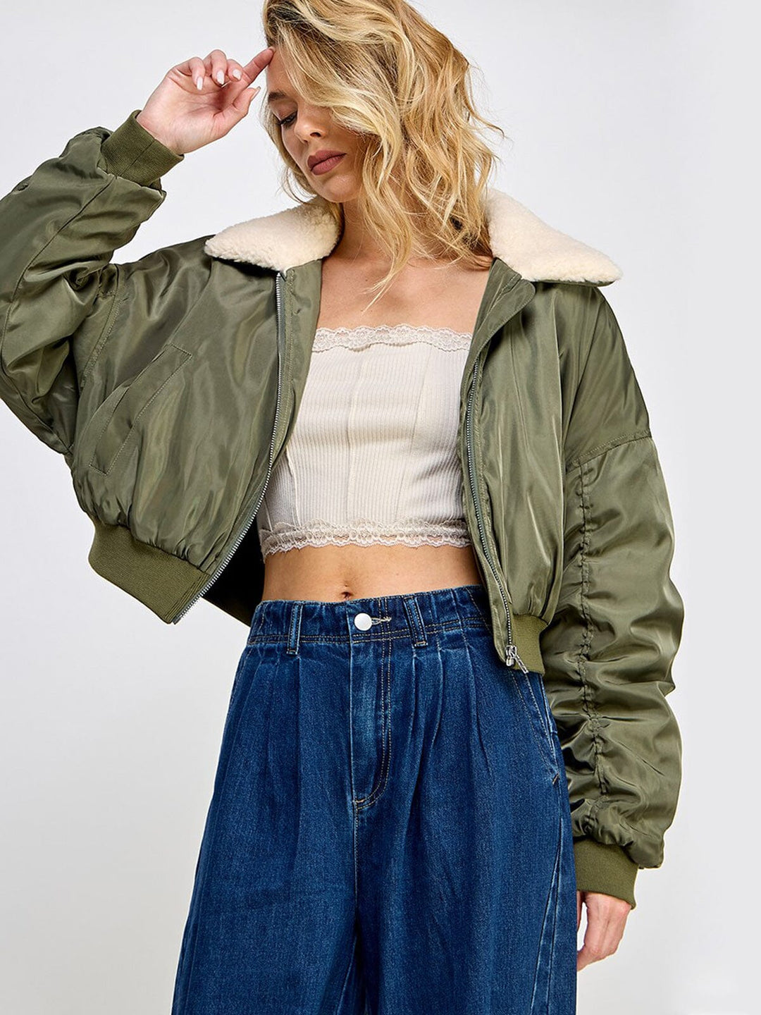 WOMEN'S LONG SLEEVE ZIP UP POCKETS SHERPA BOMBER JACKET