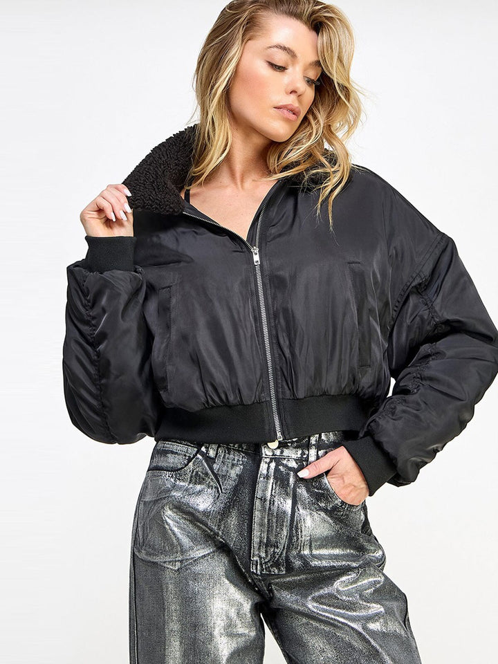 WOMEN'S LONG SLEEVE ZIP UP POCKETS SHERPA BOMBER JACKET