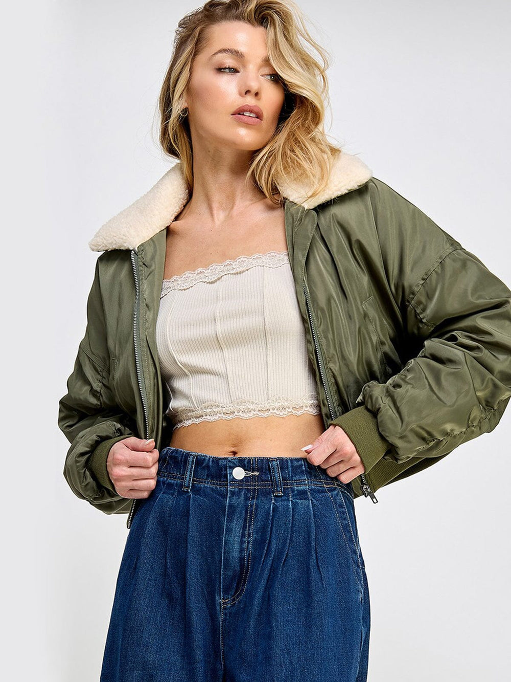 WOMEN'S LONG SLEEVE ZIP UP POCKETS SHERPA BOMBER JACKET