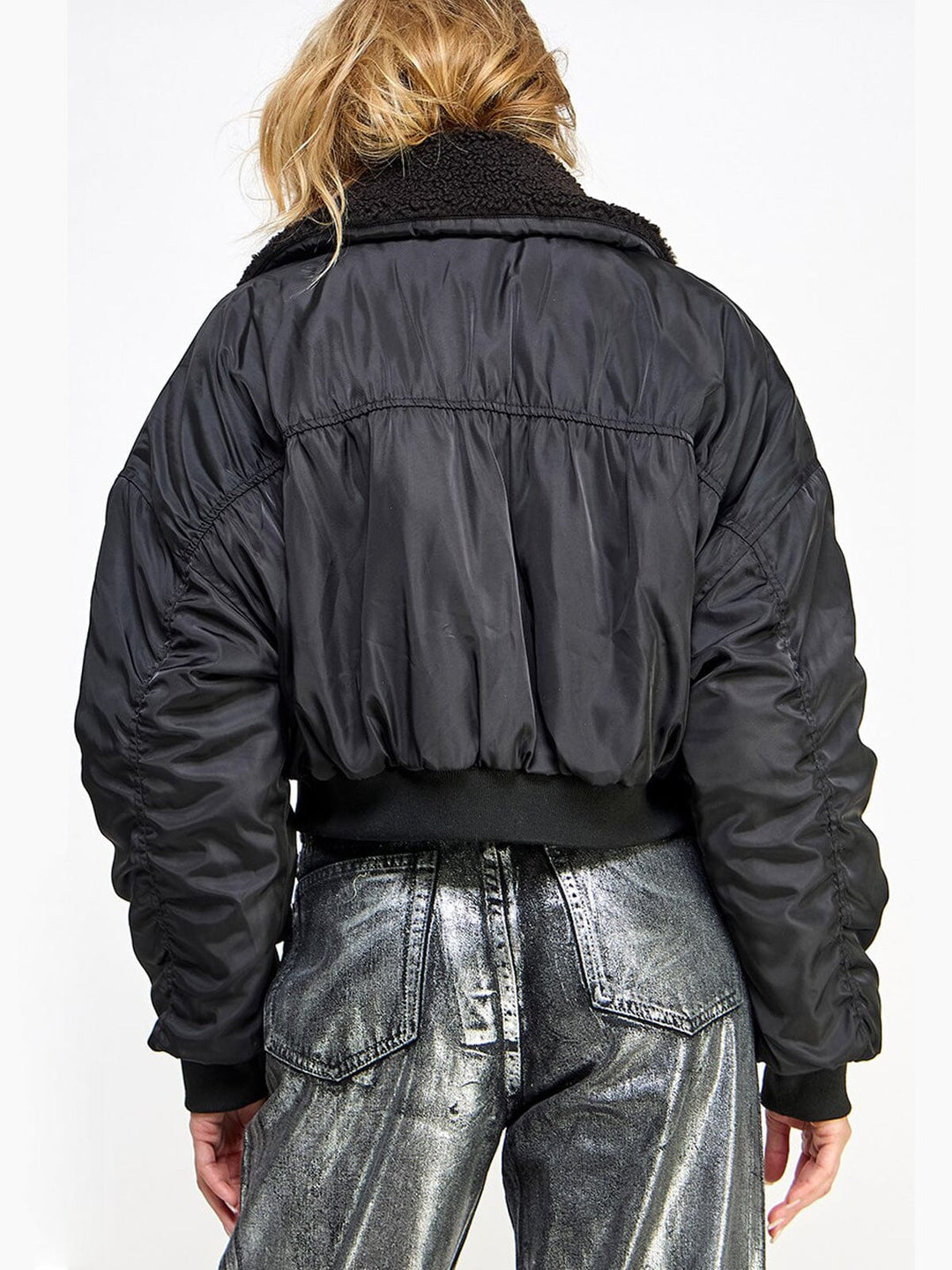 WOMEN'S LONG SLEEVE ZIP UP POCKETS SHERPA BOMBER JACKET