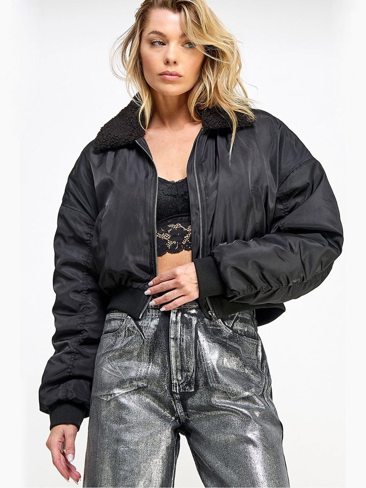 WOMEN'S LONG SLEEVE ZIP UP POCKETS SHERPA BOMBER JACKET