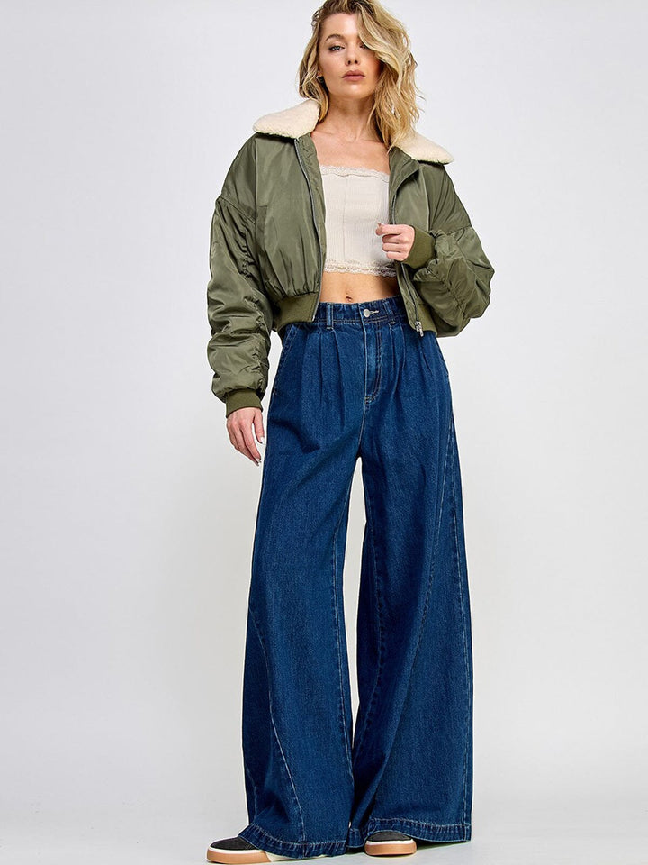 WOMEN'S LONG SLEEVE ZIP UP POCKETS SHERPA BOMBER JACKET