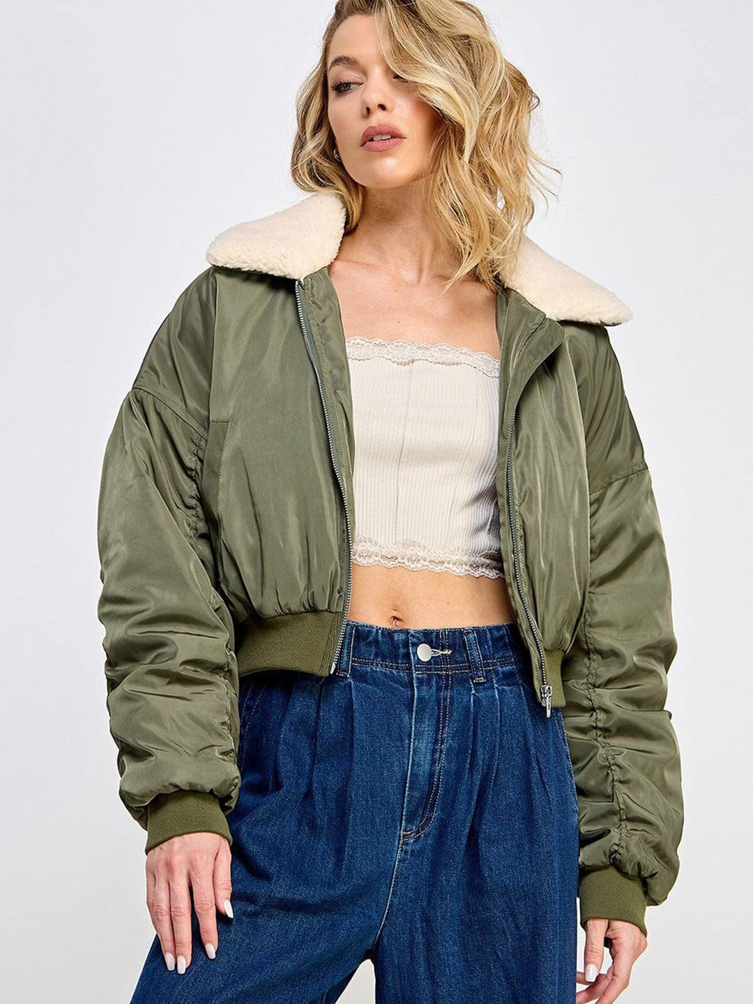 WOMEN'S LONG SLEEVE ZIP UP POCKETS SHERPA BOMBER JACKET