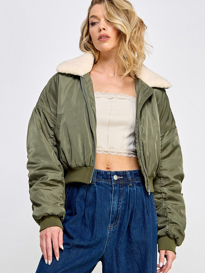 WOMEN'S LONG SLEEVE ZIP UP POCKETS SHERPA BOMBER JACKET