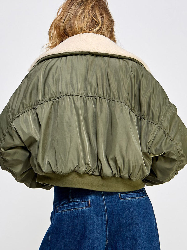 WOMEN'S LONG SLEEVE ZIP UP POCKETS SHERPA BOMBER JACKET