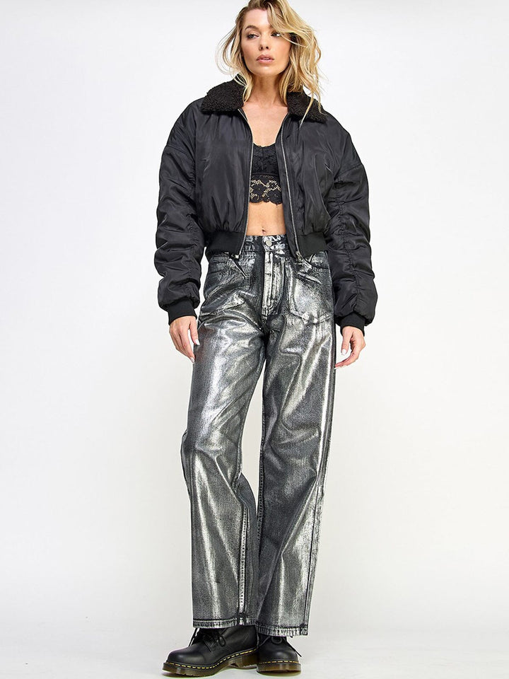 WOMEN'S LONG SLEEVE ZIP UP POCKETS SHERPA BOMBER JACKET