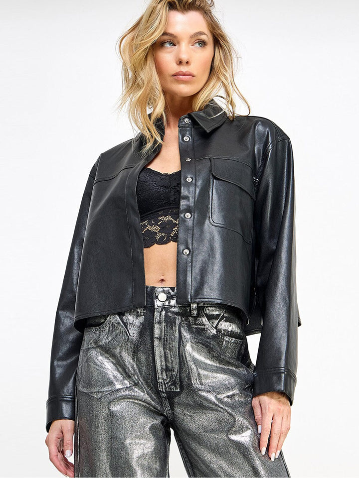 WOMEN'S LONG SLEEVE BUTTON CLOSURE POCKETS PU PLEATHER JACKET