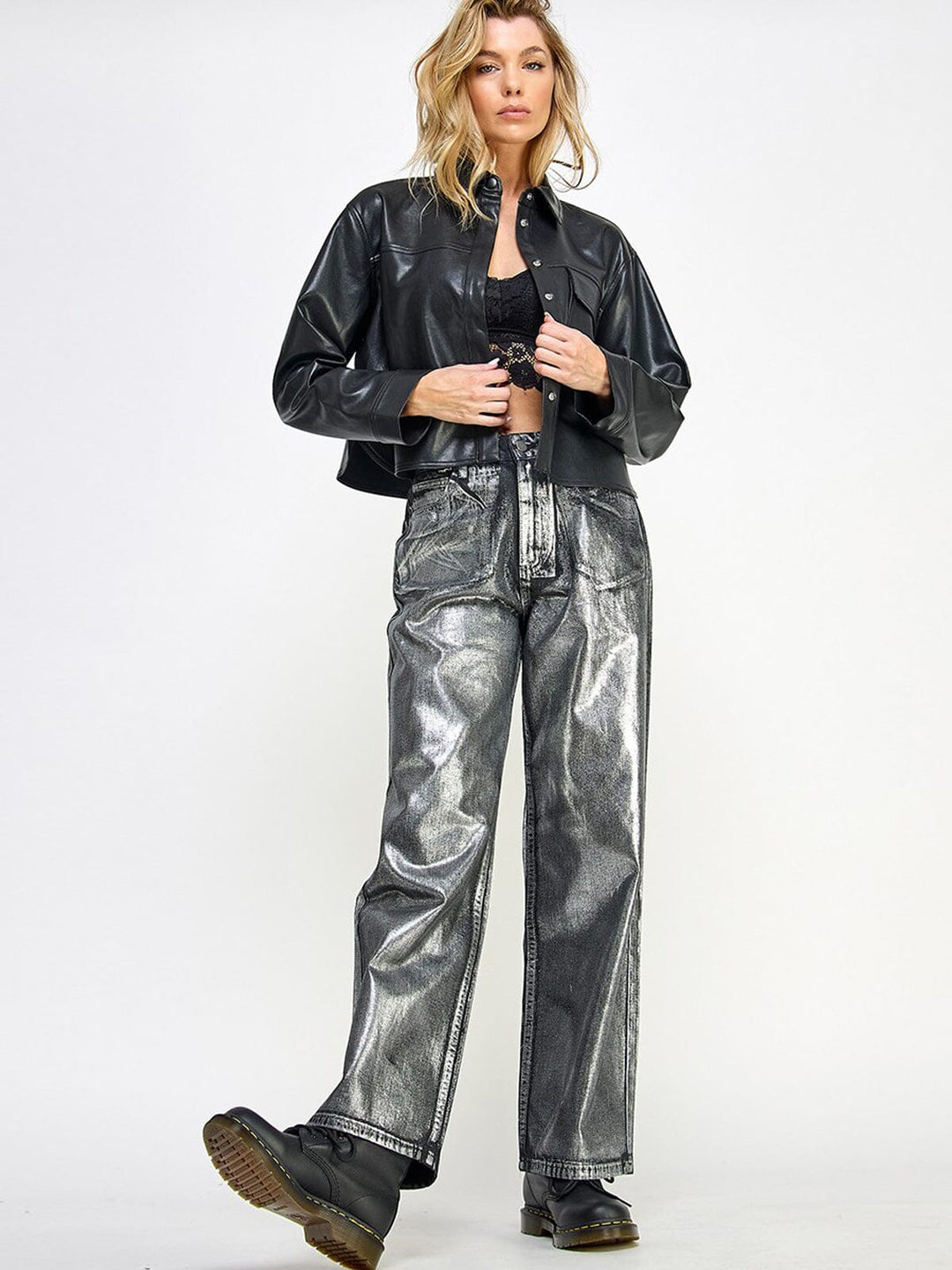 WOMEN'S LONG SLEEVE BUTTON CLOSURE POCKETS PU PLEATHER JACKET