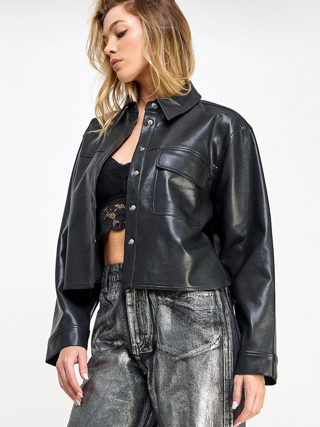 WOMEN'S LONG SLEEVE BUTTON CLOSURE POCKETS PU PLEATHER JACKET