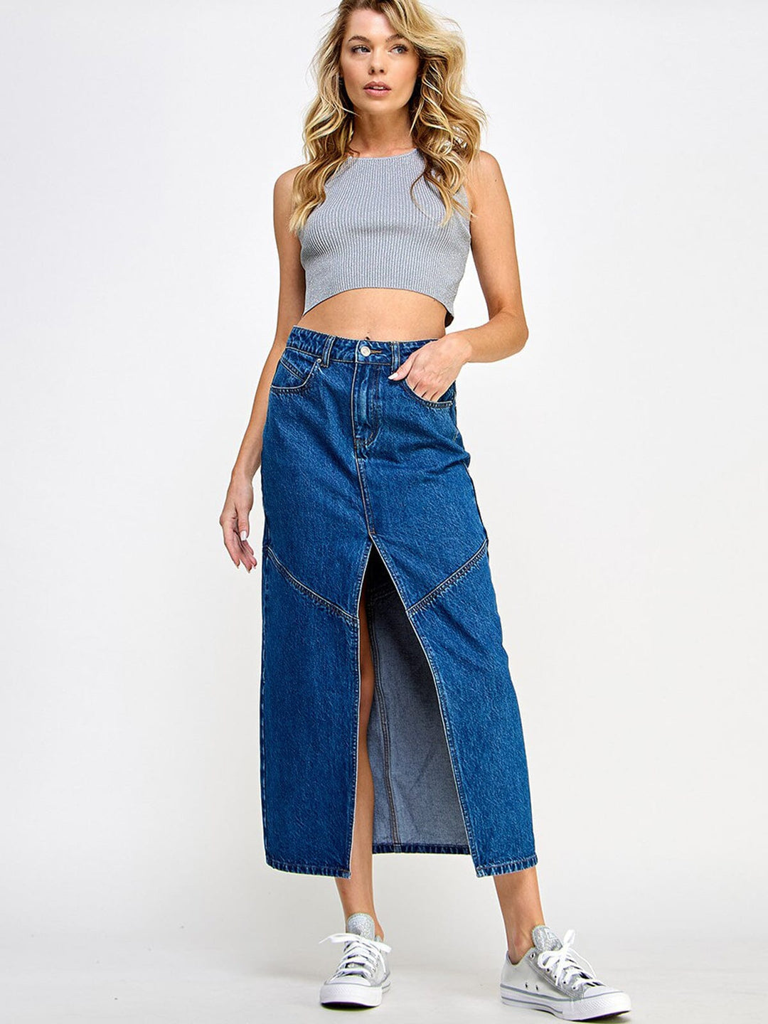 WOMEN'S BUTTON CLOSURE POCKETS FRONT SLIT DENIM MAXI SKIRT