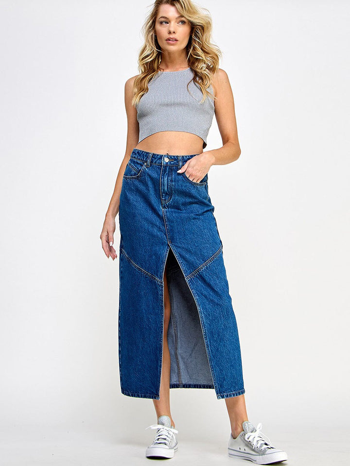 WOMEN'S BUTTON CLOSURE POCKETS FRONT SLIT DENIM MAXI SKIRT