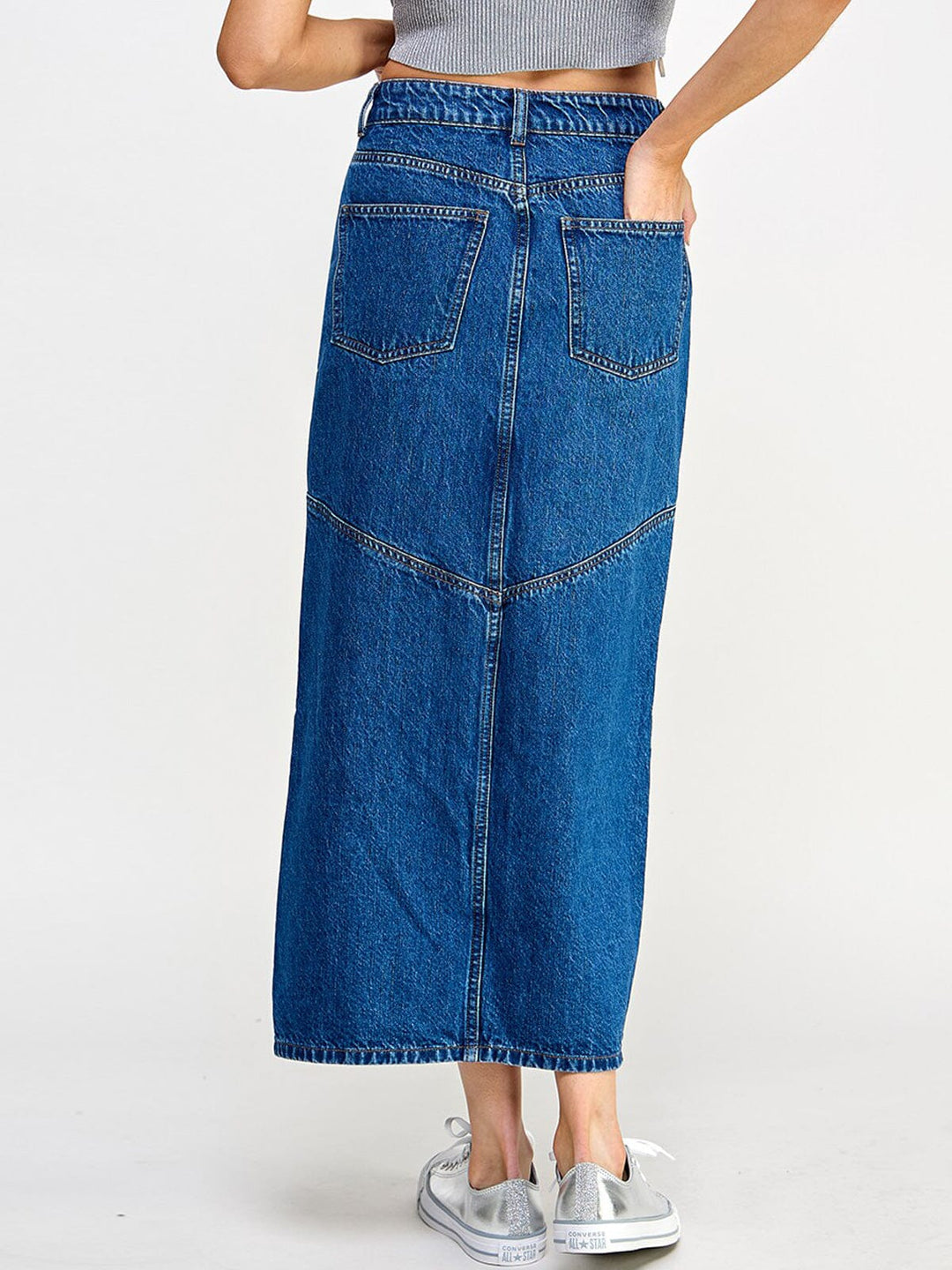 WOMEN'S BUTTON CLOSURE POCKETS FRONT SLIT DENIM MAXI SKIRT