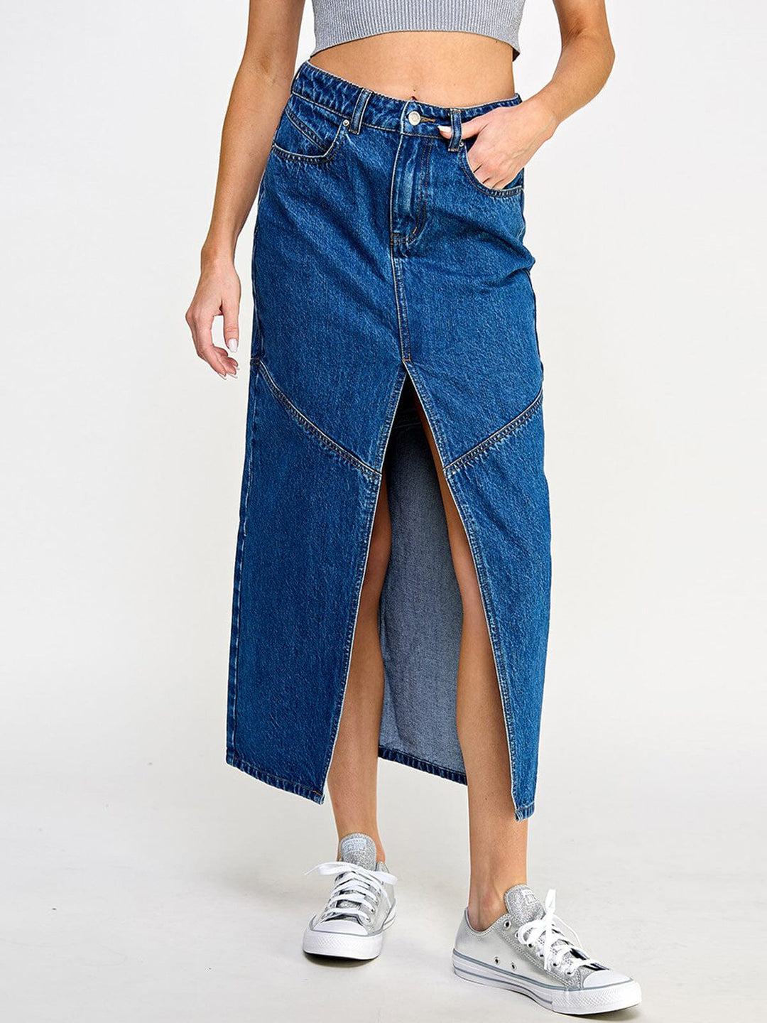 WOMEN'S BUTTON CLOSURE POCKETS FRONT SLIT DENIM MAXI SKIRT