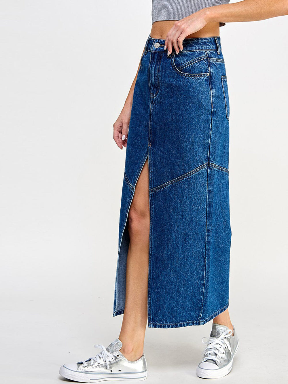 WOMEN'S BUTTON CLOSURE POCKETS FRONT SLIT DENIM MAXI SKIRT