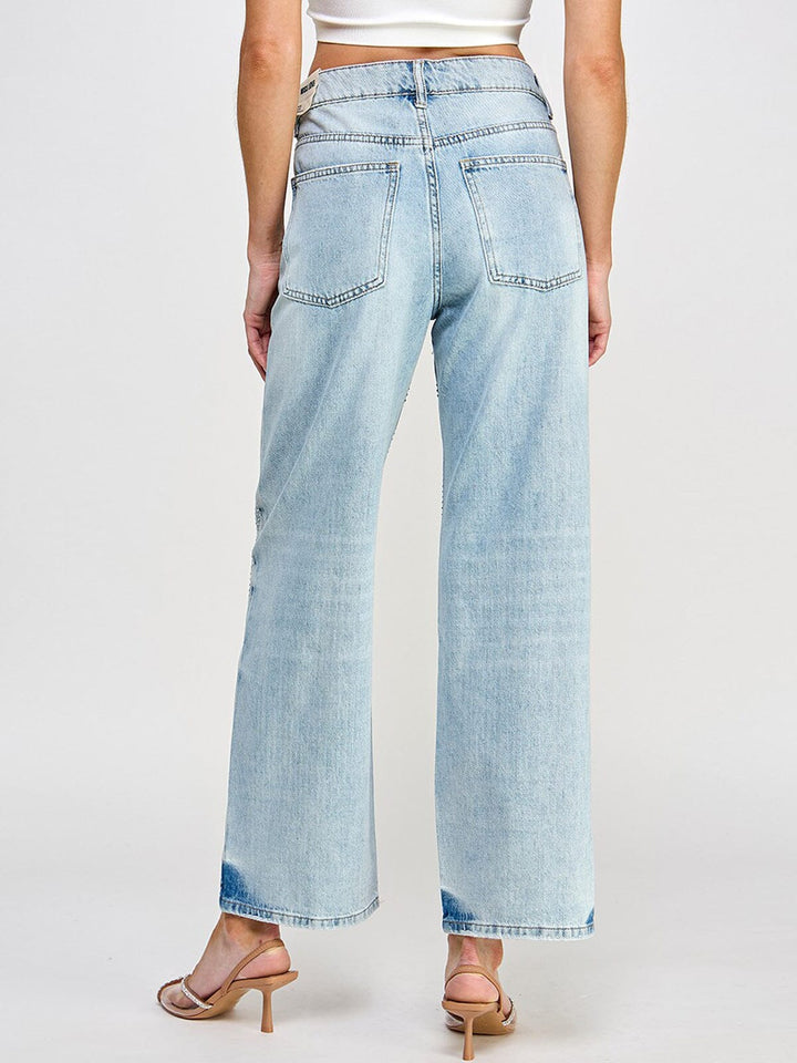 WOMEN'S BUTTON CLOSURE POCKETS WIDE LEG DENIM STUDS PANTS