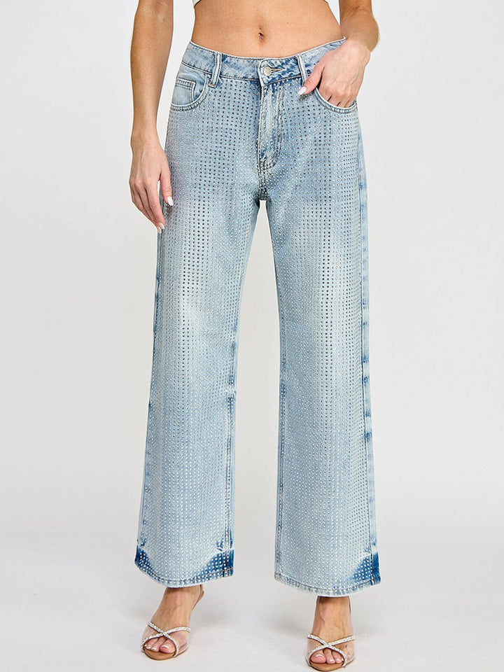 WOMEN'S BUTTON CLOSURE POCKETS WIDE LEG DENIM STUDS PANTS