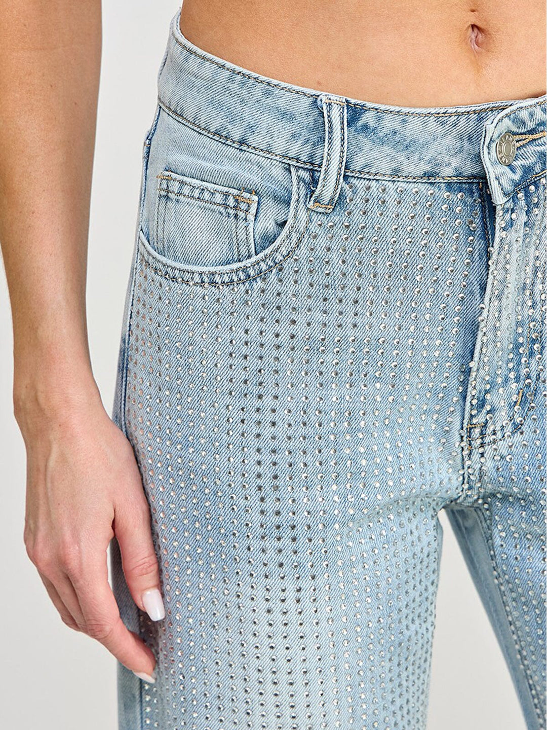 WOMEN'S BUTTON CLOSURE POCKETS WIDE LEG DENIM STUDS PANTS