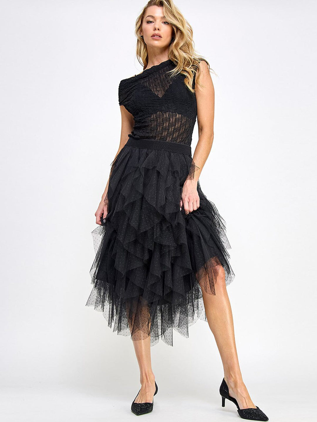 WOMEN'S ELASTIC WAIST RUFFLE TIERED MAXI SKIRT