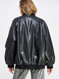 WOMEN'S LONG SLEEVE ZIP UP POCKETS PU PLEATHER JACKET