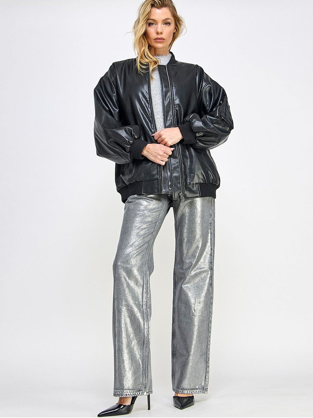 WOMEN'S LONG SLEEVE ZIP UP POCKETS PU PLEATHER JACKET