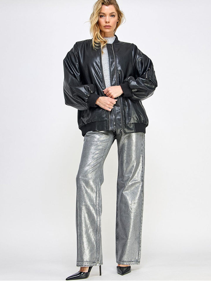 WOMEN'S LONG SLEEVE ZIP UP POCKETS PU PLEATHER JACKET