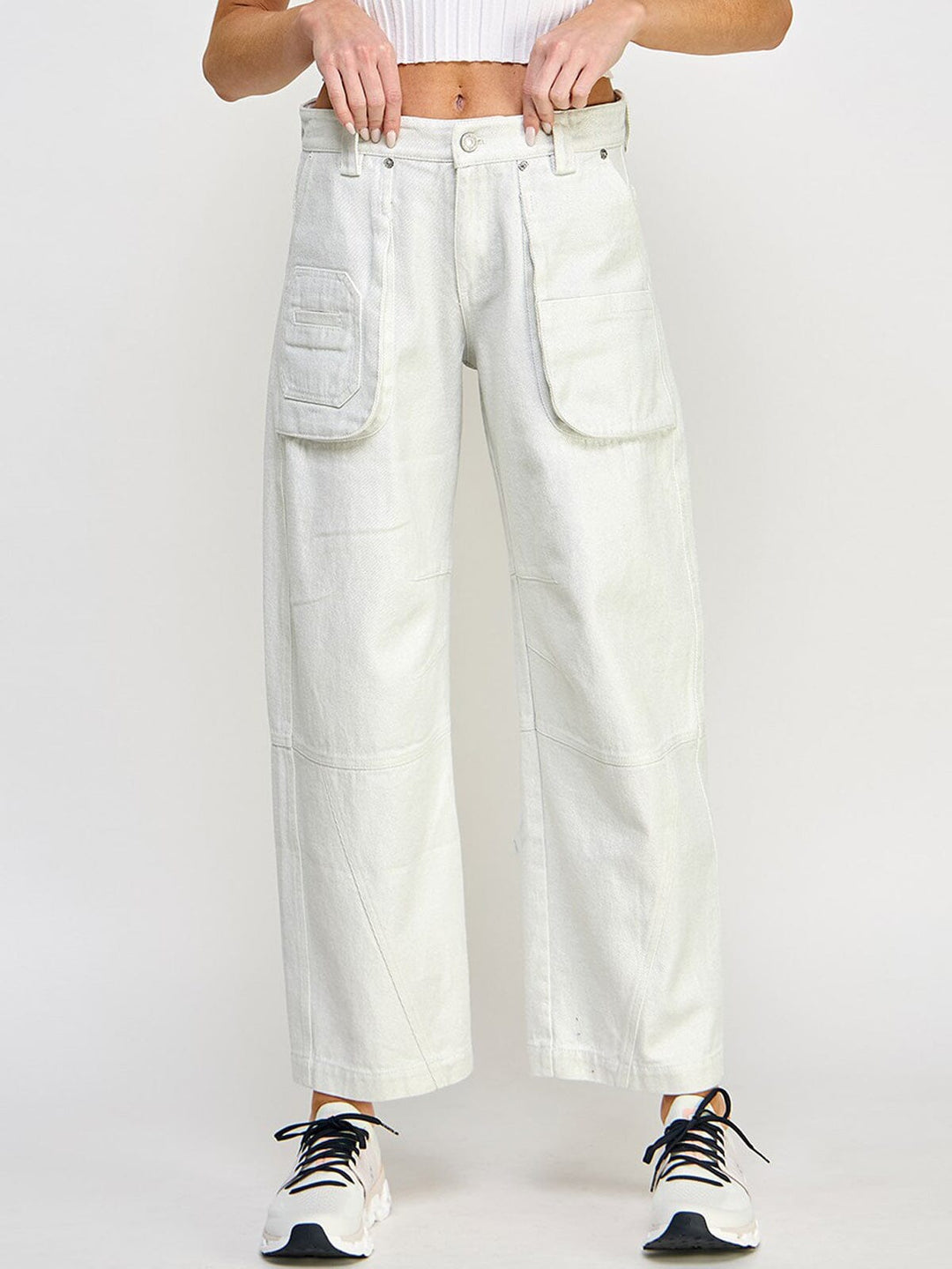 WOMEN'S BUTTON CLOSURE POCKETS WIDE LEG SHIMMER PANTS
