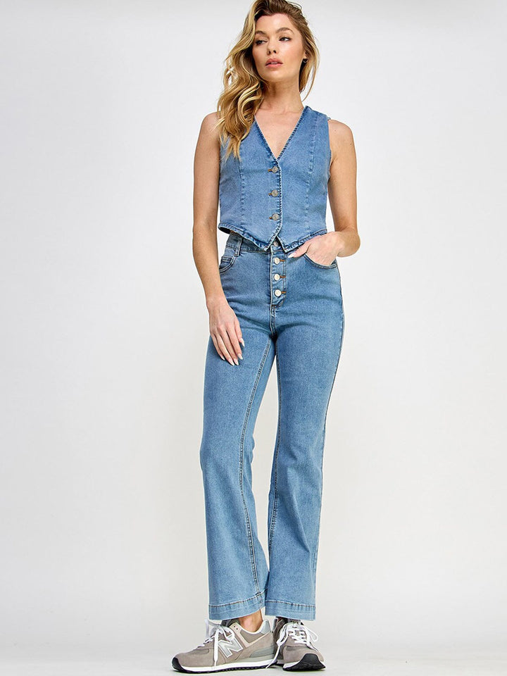 WOMEN'S BUTTON CLOSURE POCKETS WIDE LEG DENIM PANTS