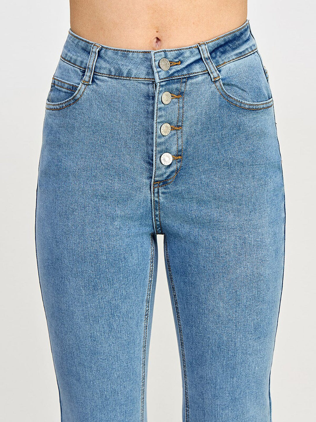 WOMEN'S BUTTON CLOSURE POCKETS WIDE LEG DENIM PANTS