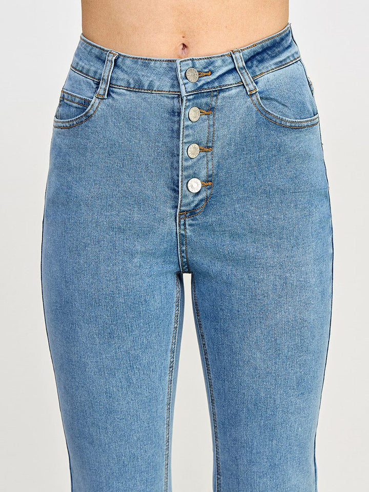 WOMEN'S BUTTON CLOSURE POCKETS WIDE LEG DENIM PANTS