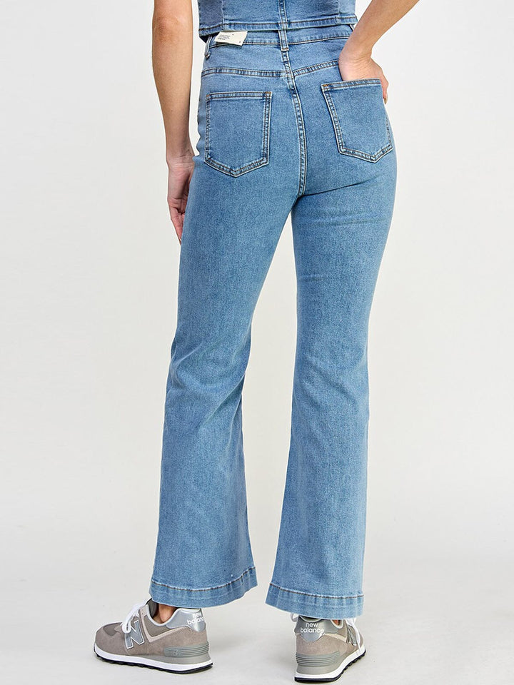 WOMEN'S BUTTON CLOSURE POCKETS WIDE LEG DENIM PANTS