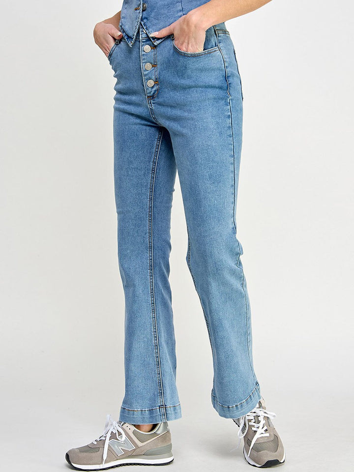 WOMEN'S BUTTON CLOSURE POCKETS WIDE LEG DENIM PANTS