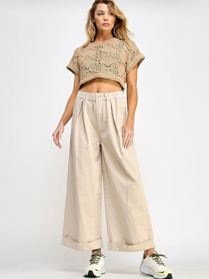 WOMEN'S ELASTIC WAIST BUTTON CLOSURE POCKETS WIDE LEG PANTS
