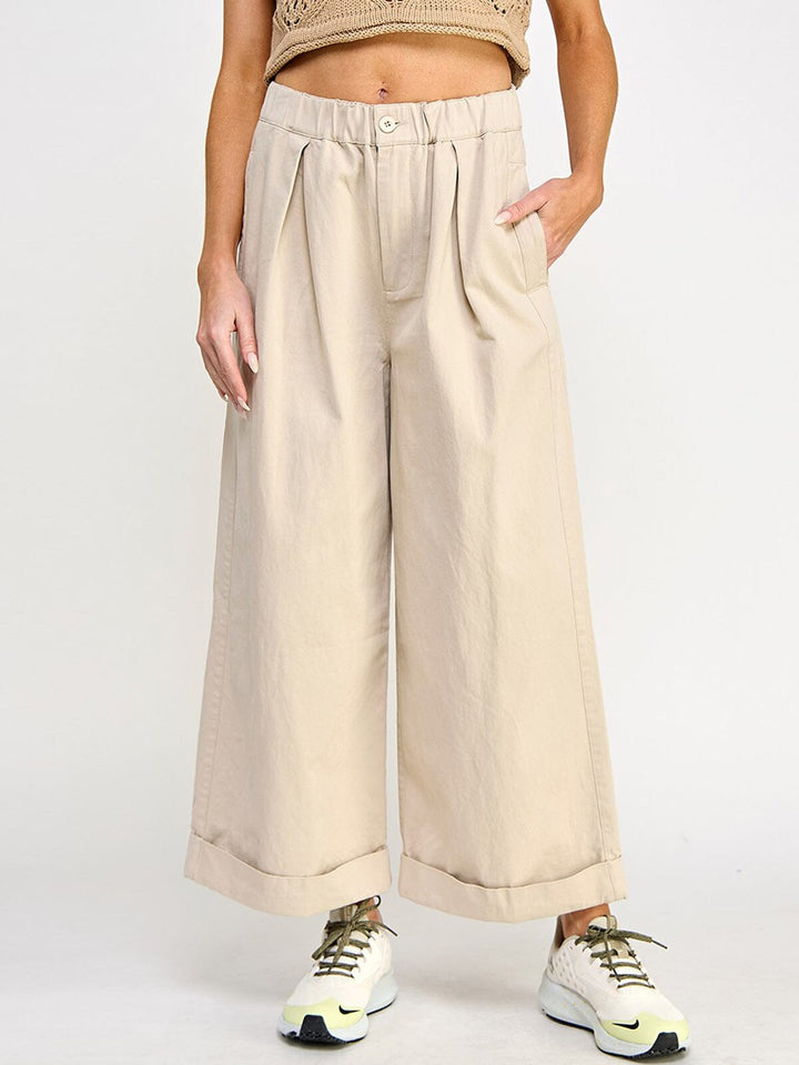 WOMEN'S ELASTIC WAIST BUTTON CLOSURE POCKETS WIDE LEG PANTS