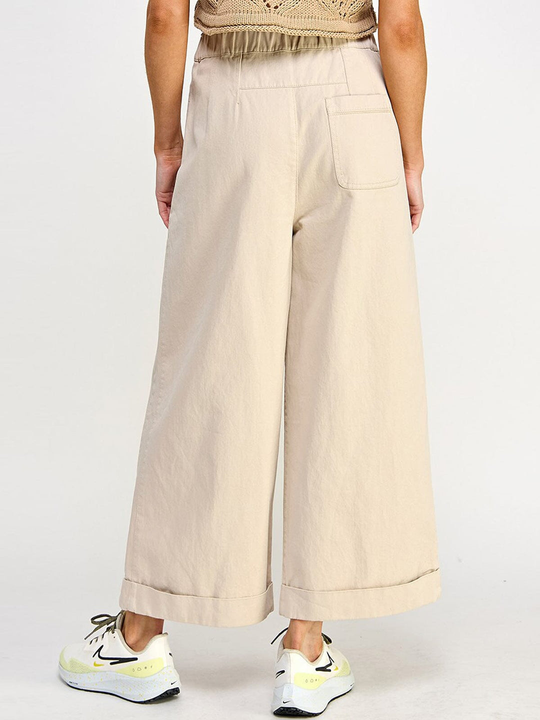 WOMEN'S ELASTIC WAIST BUTTON CLOSURE POCKETS WIDE LEG PANTS