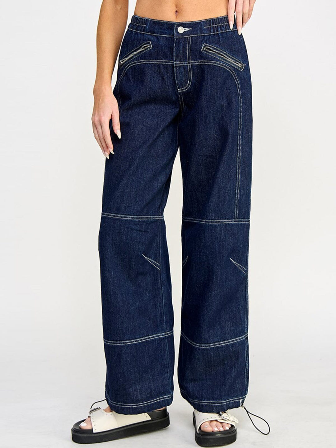 WOMEN'S BUTTON CLOSURE POCKETS WIDE LEG DENIM PANTS