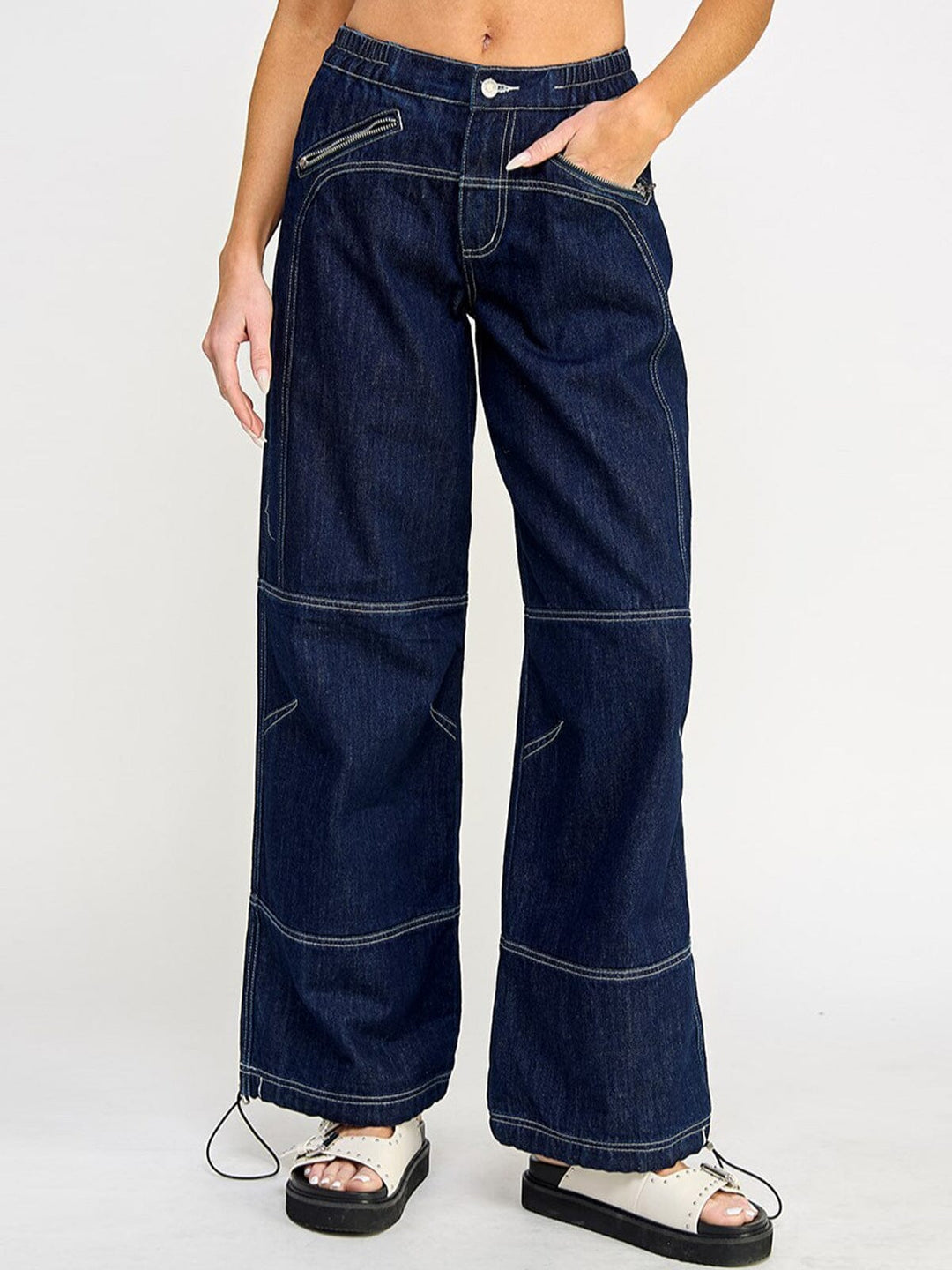 WOMEN'S BUTTON CLOSURE POCKETS WIDE LEG DENIM PANTS