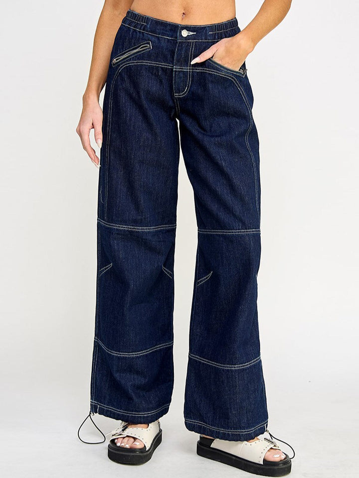 WOMEN'S BUTTON CLOSURE POCKETS WIDE LEG DENIM PANTS