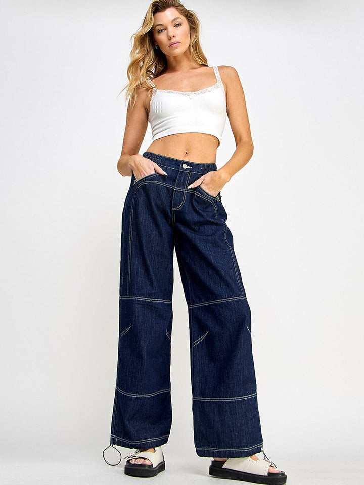 WOMEN'S BUTTON CLOSURE POCKETS WIDE LEG DENIM PANTS