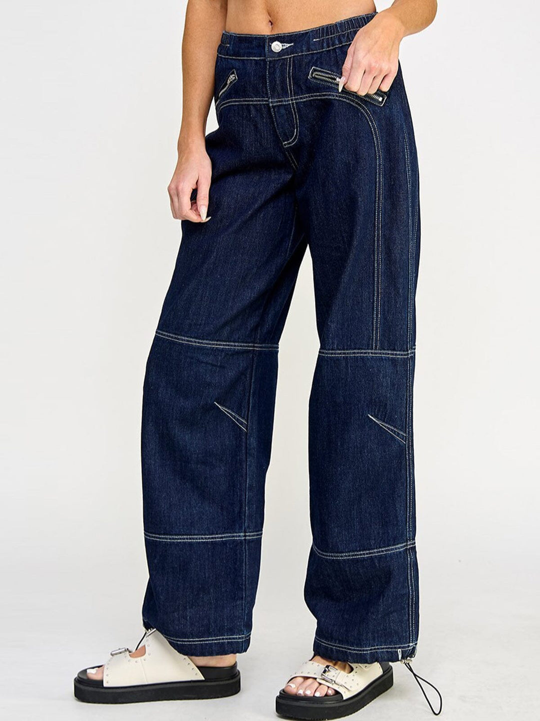 WOMEN'S BUTTON CLOSURE POCKETS WIDE LEG DENIM PANTS