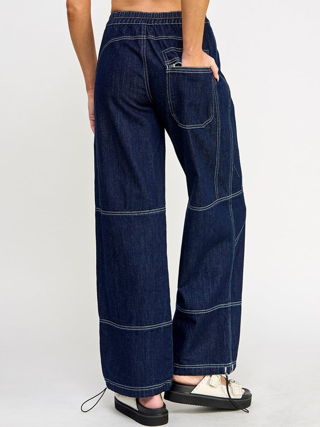 WOMEN'S BUTTON CLOSURE POCKETS WIDE LEG DENIM PANTS