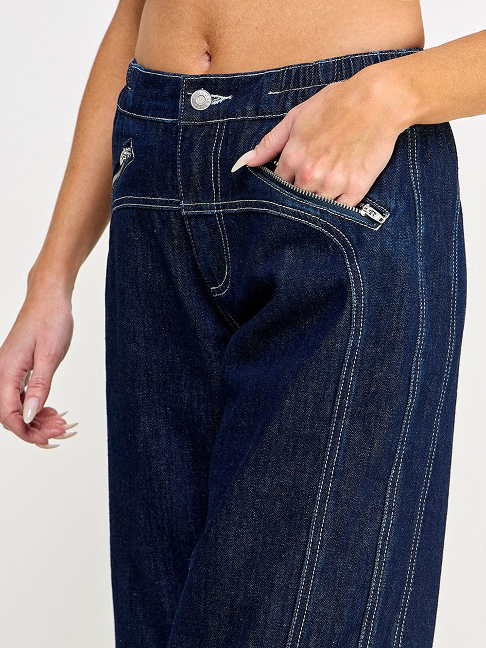 WOMEN'S BUTTON CLOSURE POCKETS WIDE LEG DENIM PANTS