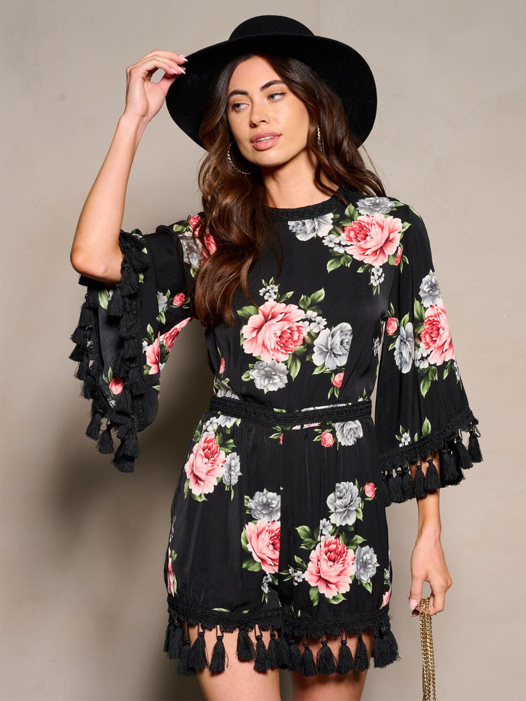 WOMEN'S 3/4 SLEEVES OPEN BACK TASSEL FLORAL ROMPER