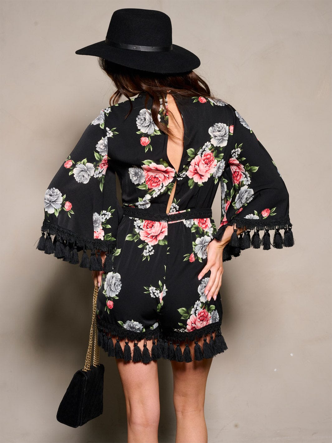 WOMEN'S 3/4 SLEEVES OPEN BACK TASSEL FLORAL ROMPER