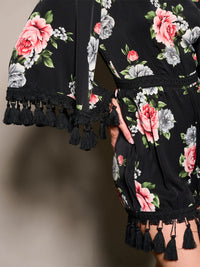 WOMEN'S 3/4 SLEEVES OPEN BACK TASSEL FLORAL ROMPER