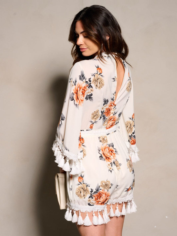 WOMEN'S 3/4 SLEEVES OPEN BACK TASSEL FLORAL ROMPER