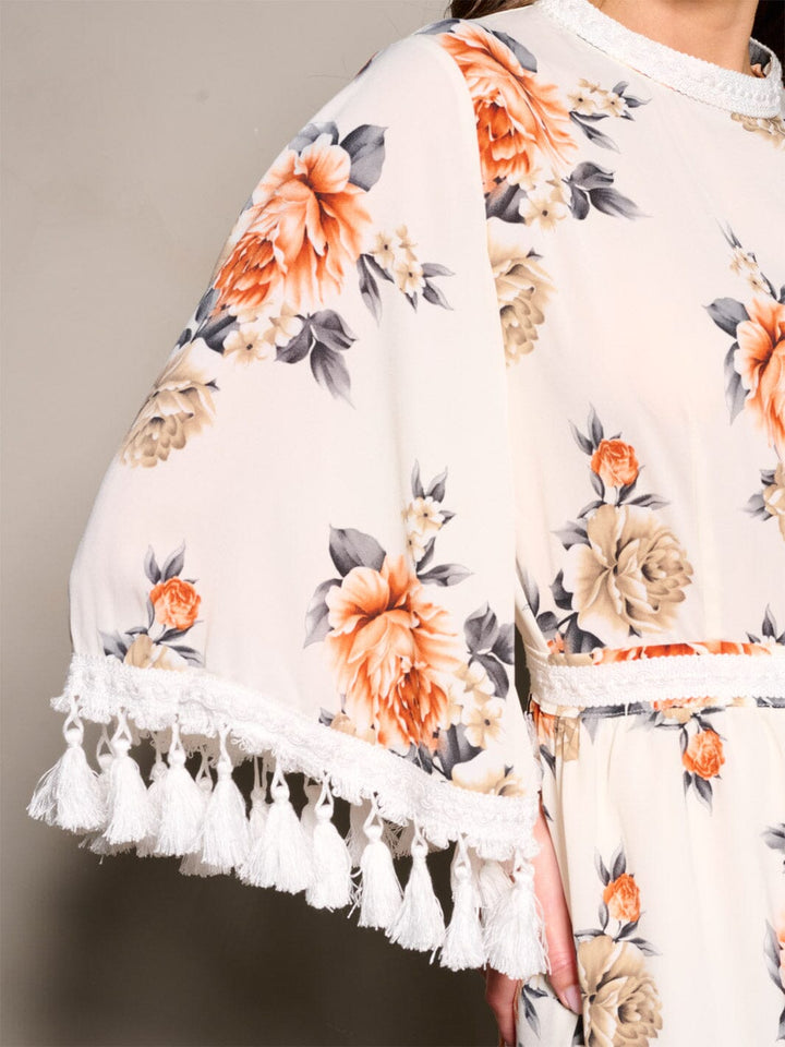 WOMEN'S 3/4 SLEEVES OPEN BACK TASSEL FLORAL ROMPER