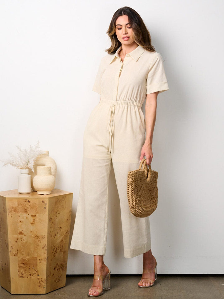 WOMEN'S SHORT SLEEVES BUTTON UP POCKETS JUMPSUIT