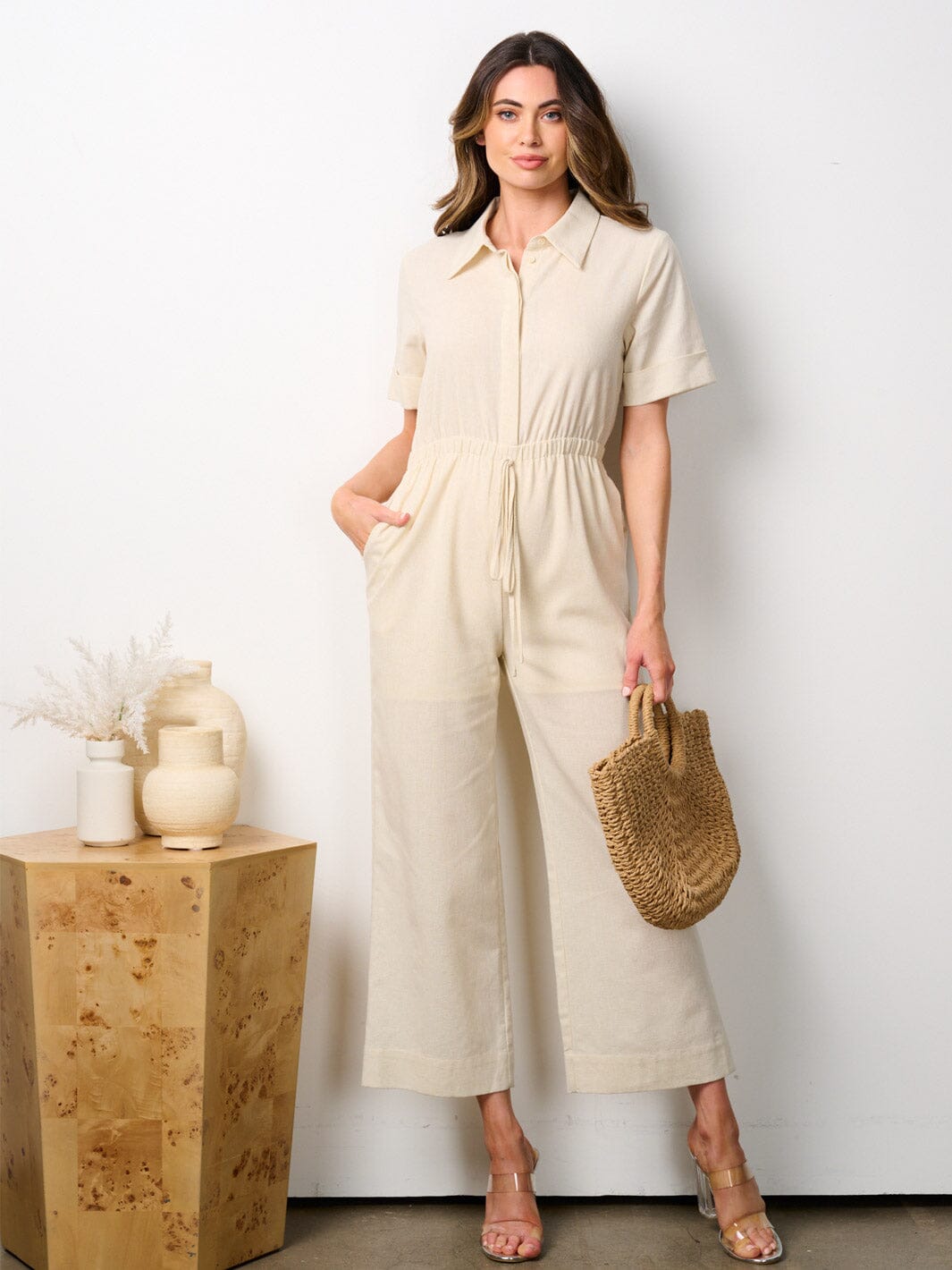 WOMEN'S SHORT SLEEVES BUTTON UP POCKETS JUMPSUIT